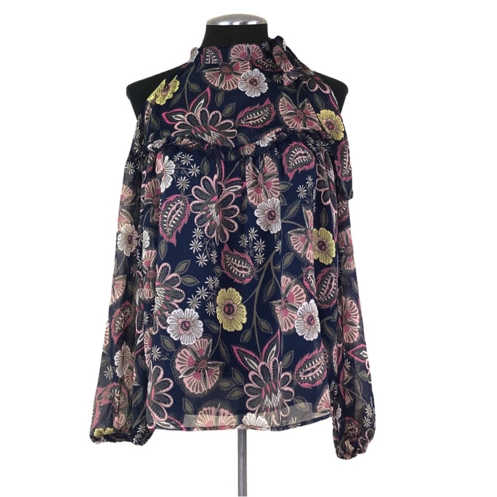 Libby Edelman large size Sheer Tie Neck Floral Cold Shoulder Top women’s Blouse